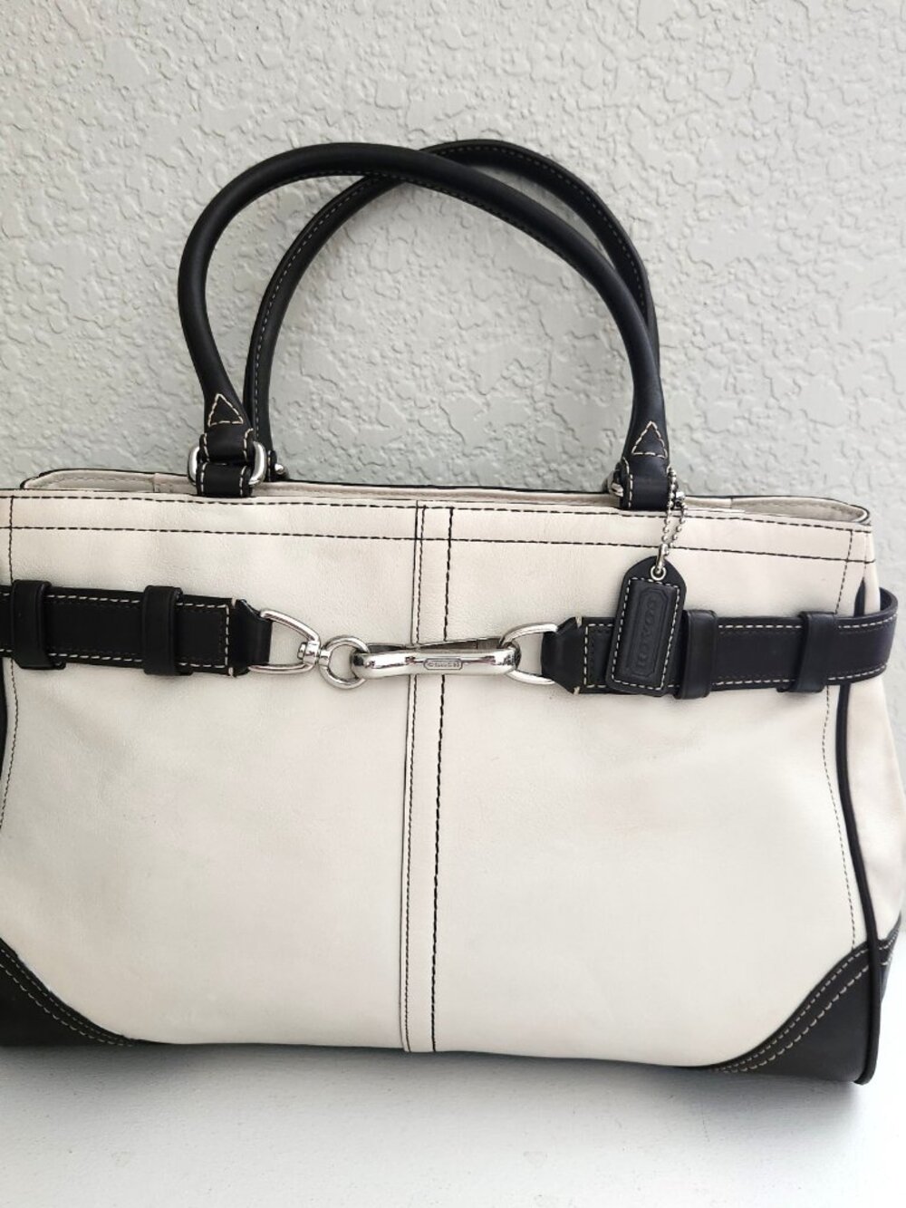 Euc Coach Hampton White & Brown Leather Satchel Tote Bag Purse